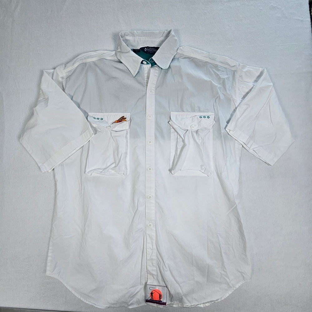 Columbia Bonefish Flats Fishing Shirt Mens Large White Short Sleeve Button Up L